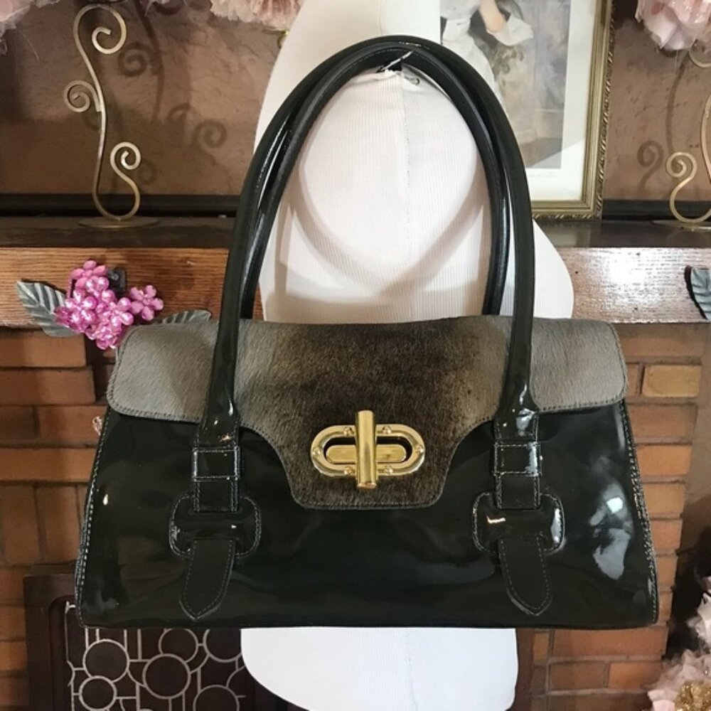 INNUE GRAY PATENT LEATHER & CALF HAIR SATCHEL BAG